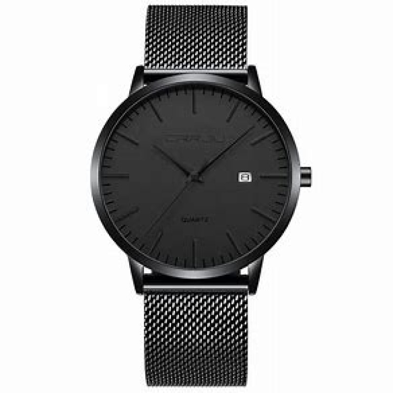 CRRJU Men's Watch Quartz Sport Ultra-Thin Stainless Steel Black Date Mesh Strap