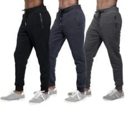 3 PACK: Men's Fleece Lined Slim Fit Casual Tech Jogger Sweatpants Zipper Pockets