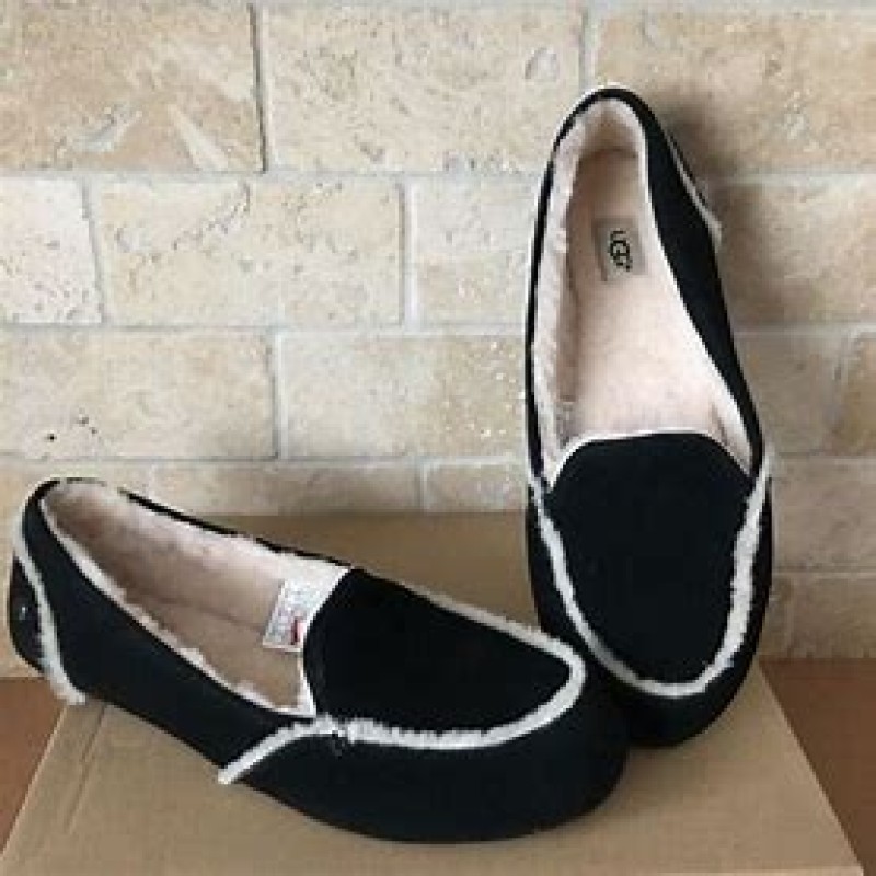 UGG Hailey Black/White Suede Moccasin Slippers UGG406 Womens Size 11 US (051606)