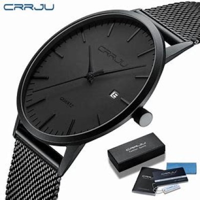 CRRJU Men's Watch Quartz Sport Ultra-Thin Stainless Steel Black Date Mesh Strap